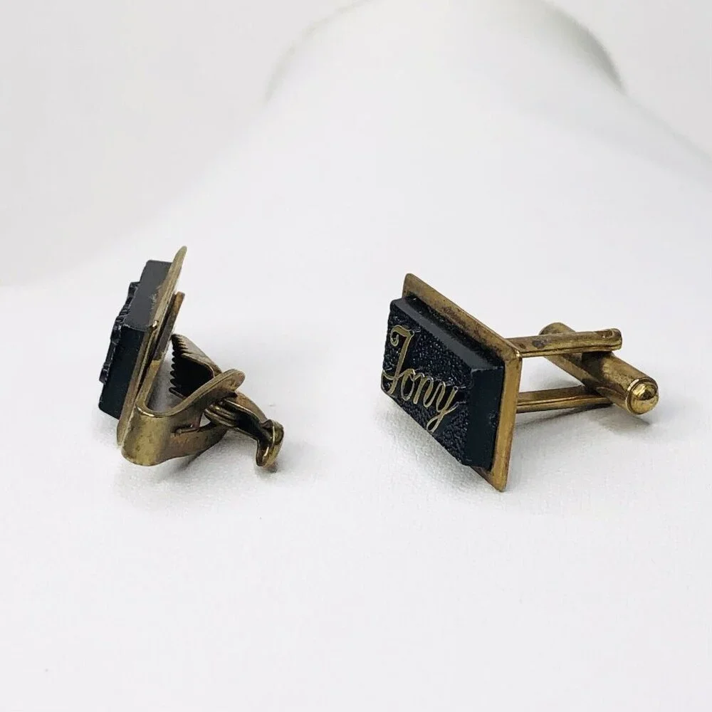 Vtg Men JONY Tie Clip & Cufflink Black Gold tone Wedding Groom Gift Rectangle